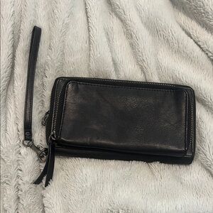 Lucky Brand Black Leather Wristlet with Silver Accents